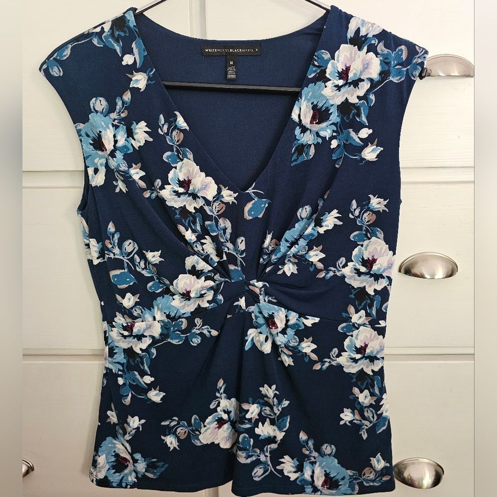 White House Black Market Women's Blue Floral Top Size Medium Excellent Condition